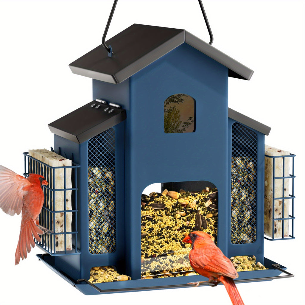 Hanging Metal Bird Feeder with Mesh Seed Compartments and Side Food Cages, House-Shaped Outdoor Feeding Station in Blue, Red or White for Backyard Birdwatching