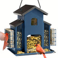 Hanging Metal Bird Feeder with Mesh Seed Compartments and Side Food Cages, House-Shaped Outdoor Feeding Station in Blue, Red or White for Backyard Birdwatching