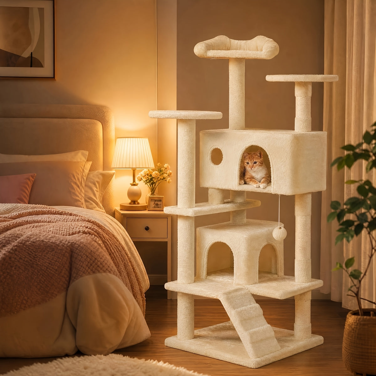 Cat Tree 44 or 54 Inch with Soft Hammock and Condo, Natural Sisal Scratching Posts for Indoor Climbing and Rest, Eight Color Options