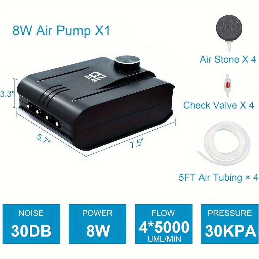 Aquarium Air Pump with 4 Outlets and Adjustable Air Valve, Fish Tank Aerator Kit with Air Stones, Check Valves and Tubing for Hydroponics