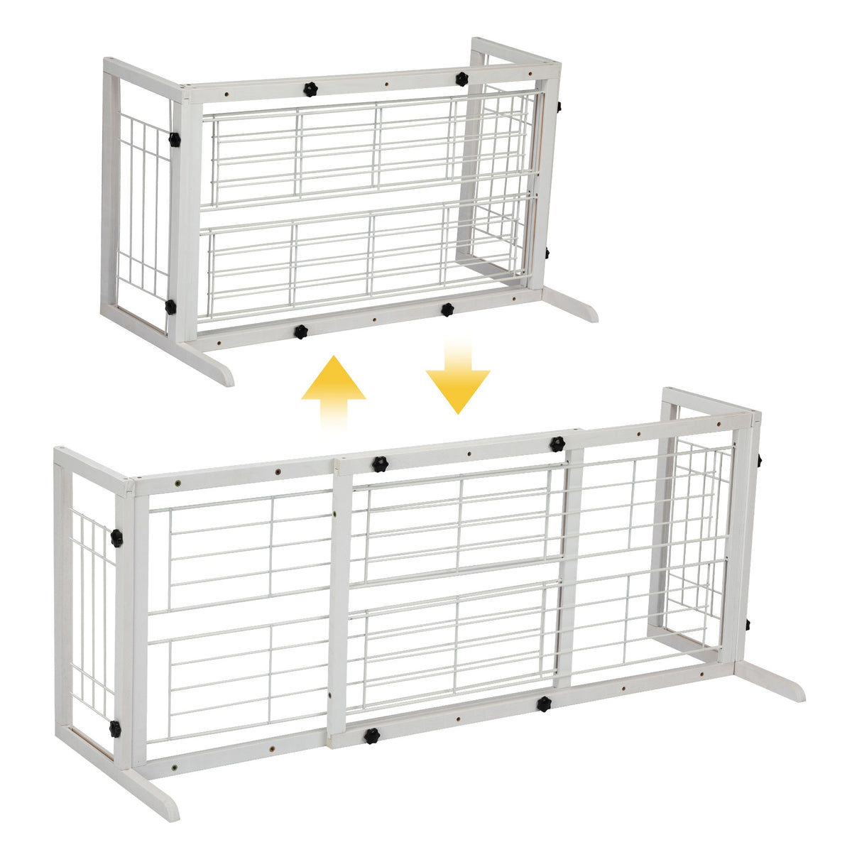 Wood Dog Gate with Sliding Width Adjustment, 38–71 Inch Freestanding Pinewood Pet Barrier with Wide Support Base for Indoor Doorways and Hallways