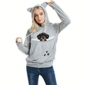 Pet Carrier Hoodie with Kangaroo Pouch for Cats and Small Dogs, Unisex Light Grey Sweatshirt with Removable Washable Liner, Ears and Paw Print Design
