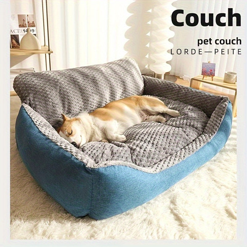 High Back Dog Sofa Bed with Plush Textured Cushion, Blue and Gray Bolster Pet Couch in Four Sizes for Small to Large Dogs and Cozy Indoor Rest