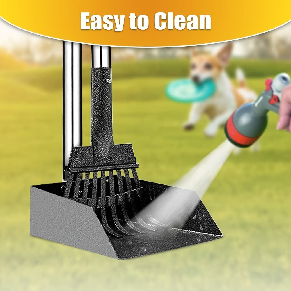 Dog Pooper Scooper Tray and Rake Set, Stainless Steel Pet Waste Removal Tools with Adjustable Handles for Everyday Yard Cleanup
