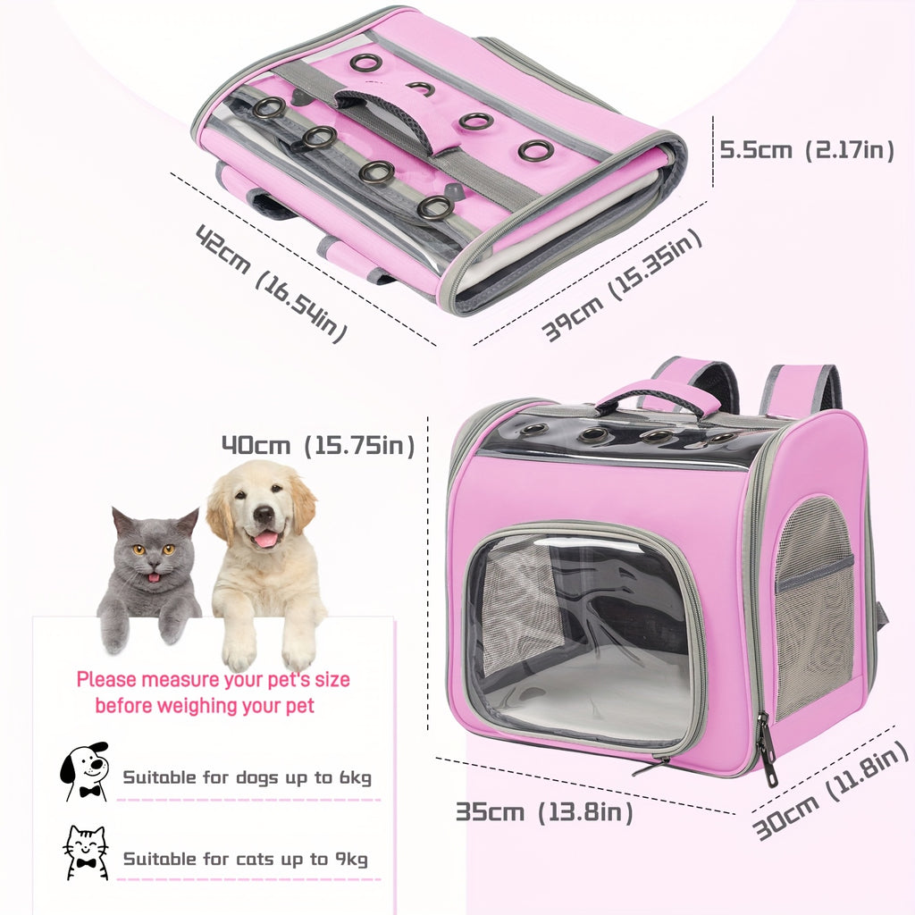 Cat Backpack with Front Opening and Breathable Mesh Window, Foldable Pet Carrier in Purple, Pink, Gray or Blue for Walks and Travel