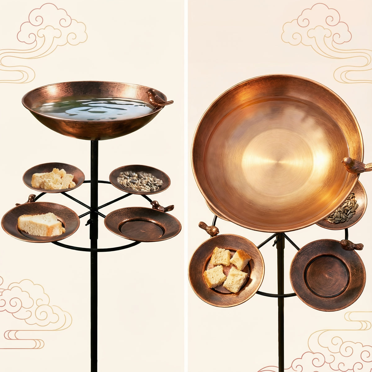 Tree-Shaped Bird Bath in Copper Color, Double-Layer Outdoor Water and Feeding Basin Design with Five-Claw Base for Garden, Yard and Courtyard Decor