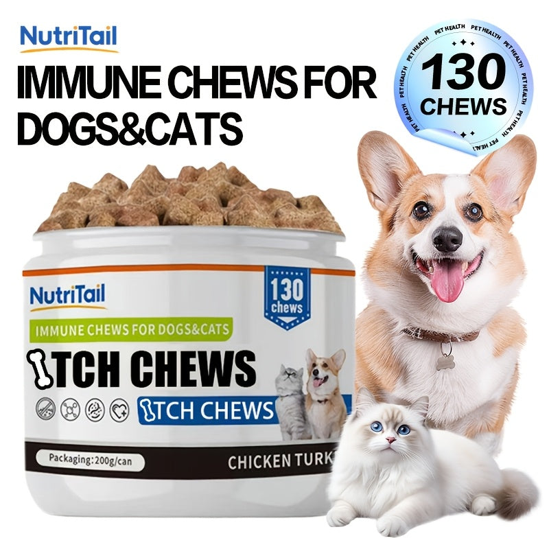 Pet Skin Care Chews for Dogs and Cats, NutriTail 200g Skin Chews with 130-Count Labeling, Probiotic and Quiet Moment Options for Daily Care