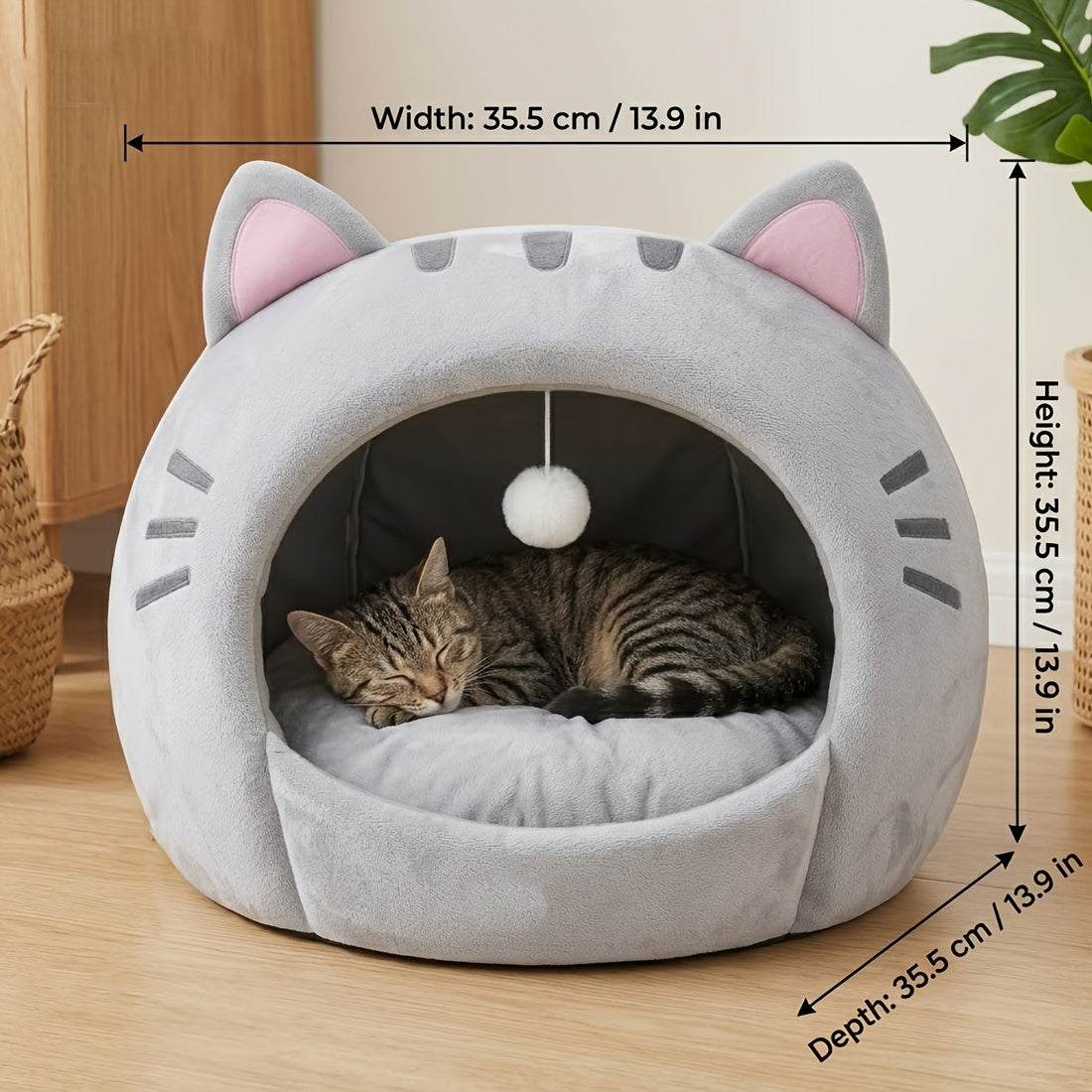 Enclosed Cat Bed with Washable Cushion, Gray Plush Cat Tent with Hanging Toy Ball, S to XL Indoor Cat House with Included Pet Bandana