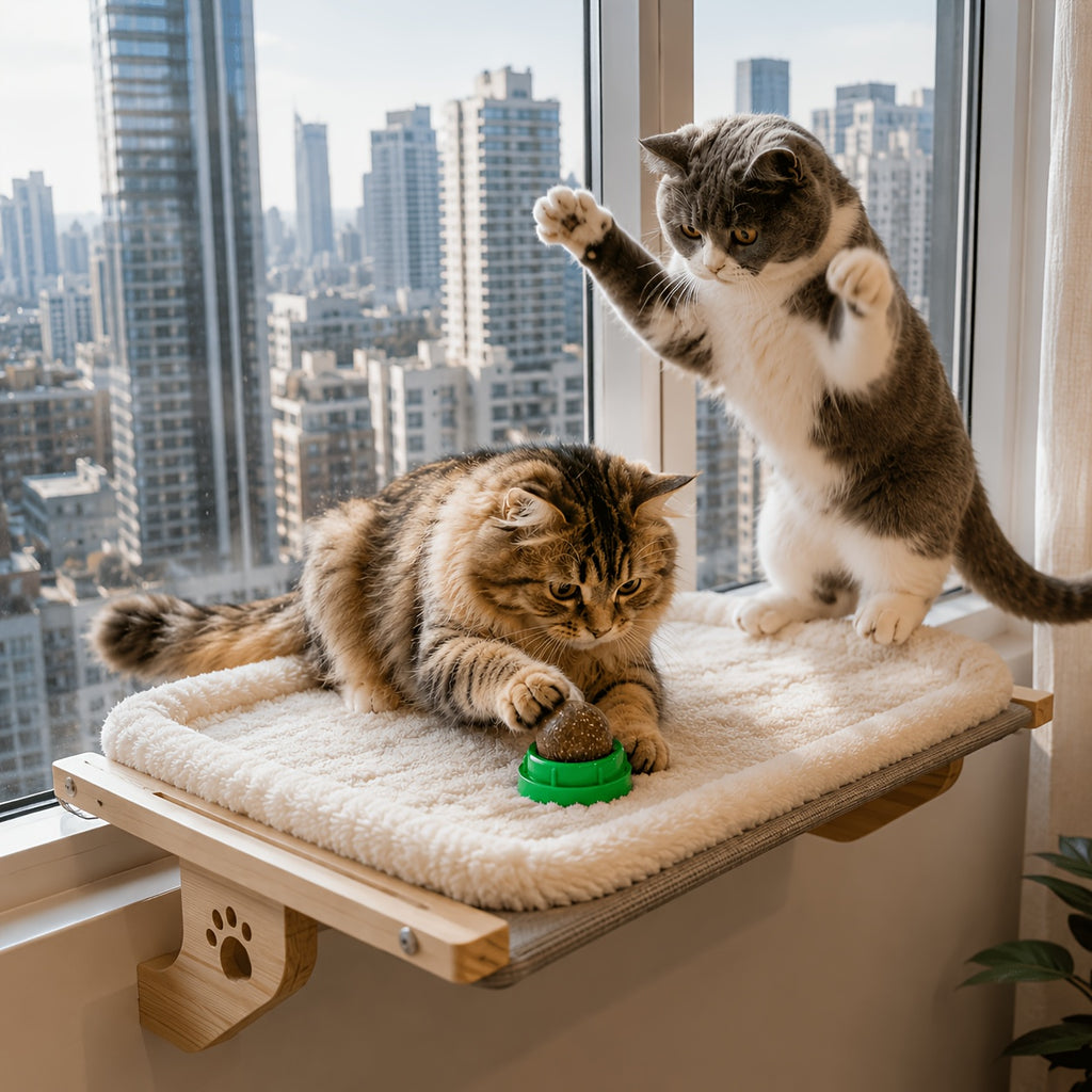 Wood Frame Cat Window Perch, Adjustable Hanging Indoor Cat Bed for Compatible Windowsills, Bedsides, Drawers and Shelves, Space-Saving Lounging Spot