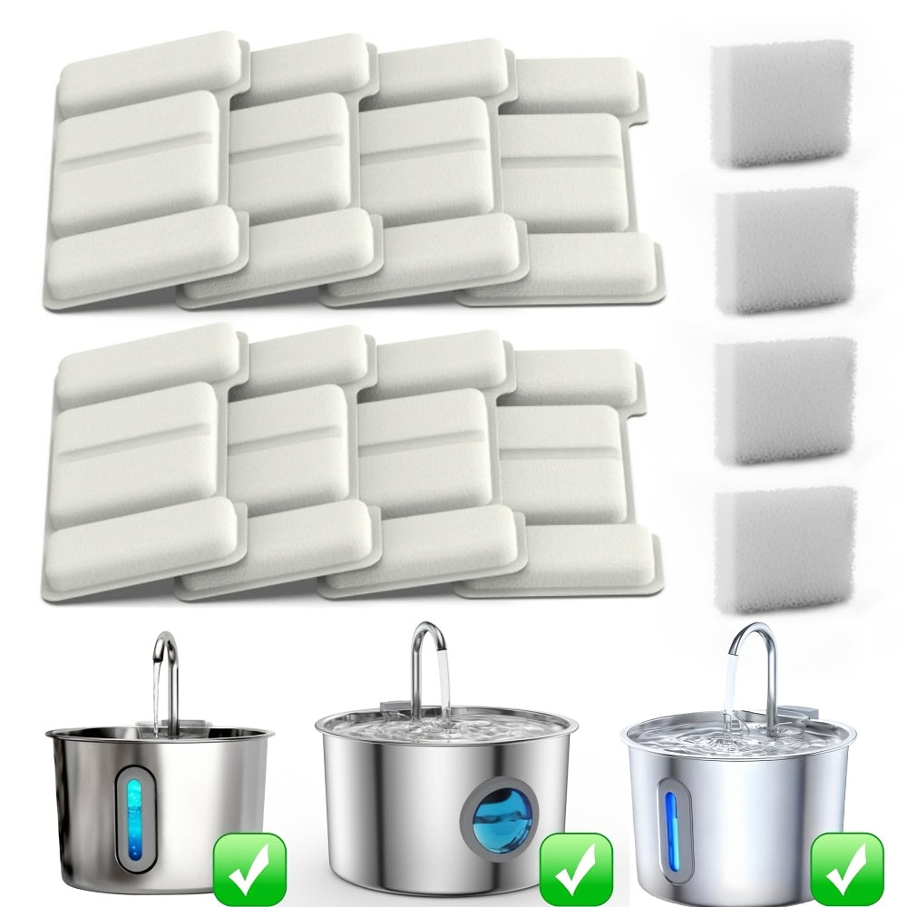 Cat Water Fountain Replacement Filters for OPETH 74oz and 108oz Stainless Steel Dispensers, 8 Carbon Filters and 4 Pump Sponges for Daily Pet Water Care
