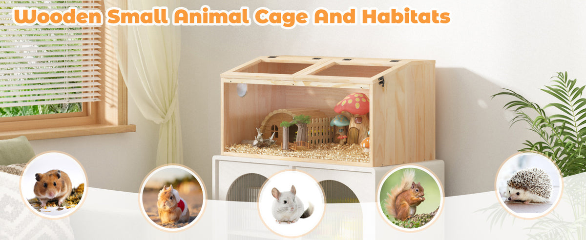 Hamster Habitat Wooden Cage with Clear Acrylic Front, Openable Top and Side Locks, 31.5-Inch Small Pet Enclosure in Natural or Burlywood