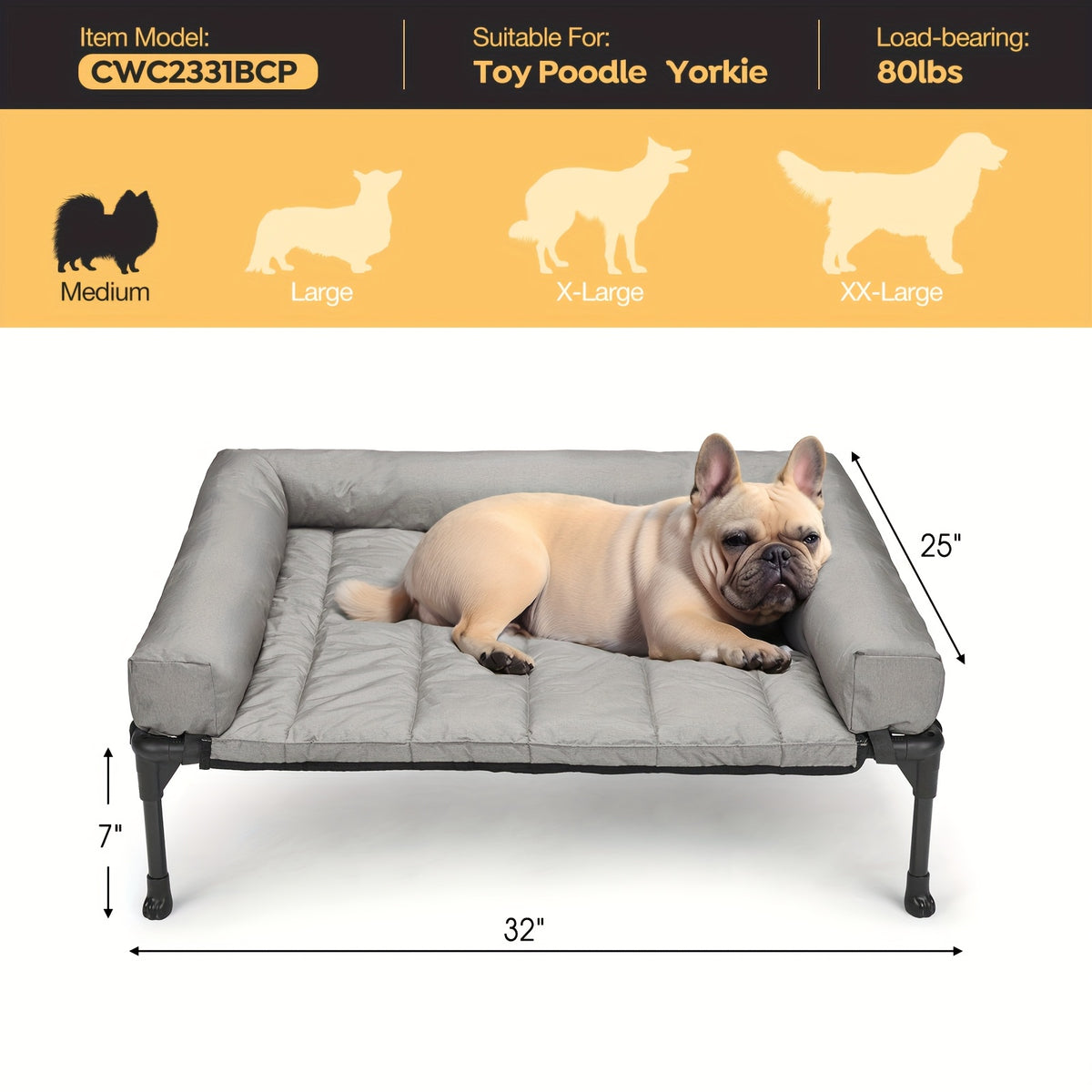 Elevated Dog Bed with Removable Pillow-Top Mat, Three-Sided Bolster Pet Cot with Breathable Teslin Mesh, Steel Frame and Non-Slip Feet in Four Sizes