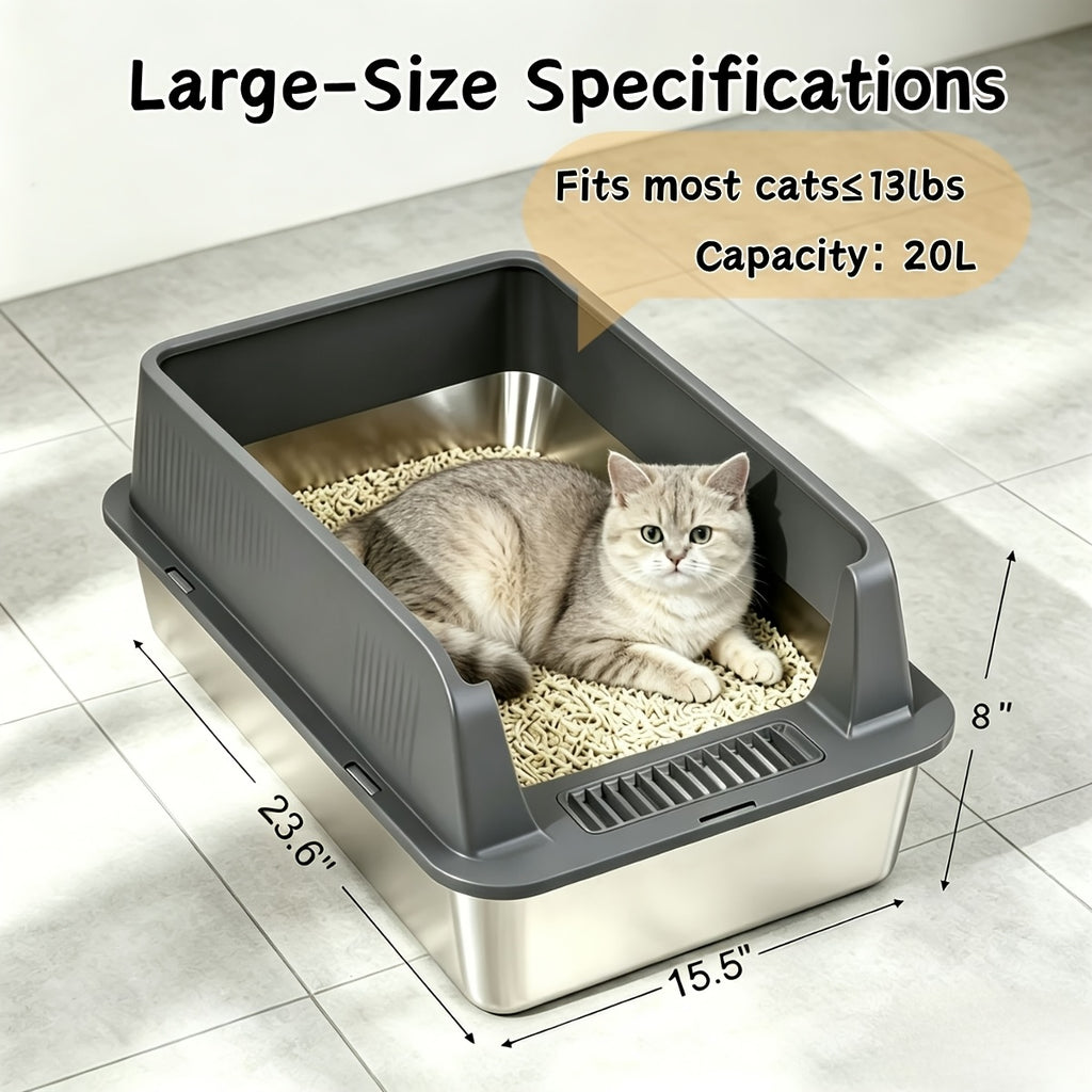 Stainless Steel Litter Box 2 Pack with High-Sided Open-Top Covers and Scoops, Easy-Clean Metal Cat Litter Pans in L or XL for Indoor Cat Care