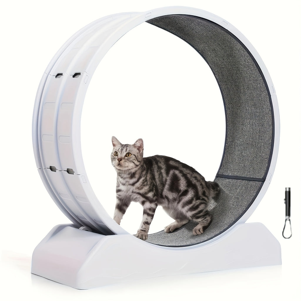 33 Inch Cat Exercise Wheel with Carpeted Runway, Plastic Indoor Cat Treadmill for Supervised Activity, Includes Whistle in Grey, Blue or Green