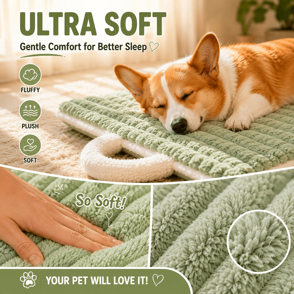 Quilted Dog Crate Mat, Machine Washable Plush Travel Dog Bed with Carry Handle for Small and Medium Dogs, Puppies and Cats