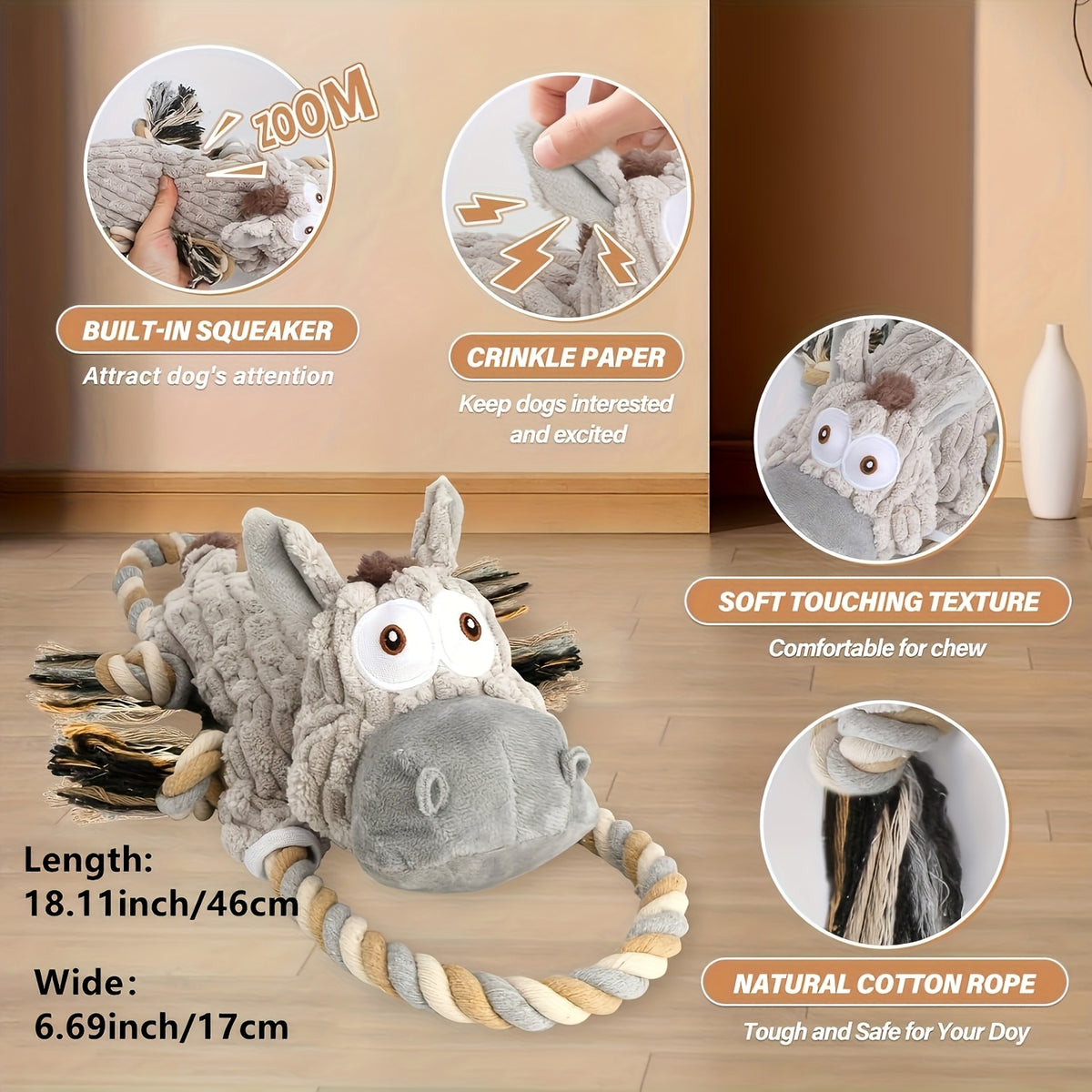 Donkey Plush Dog Toy for Small and Medium Dogs, Soft Stretch Animal Toy with Pull Rope or Long Stretch Options for Supervised Indoor Play