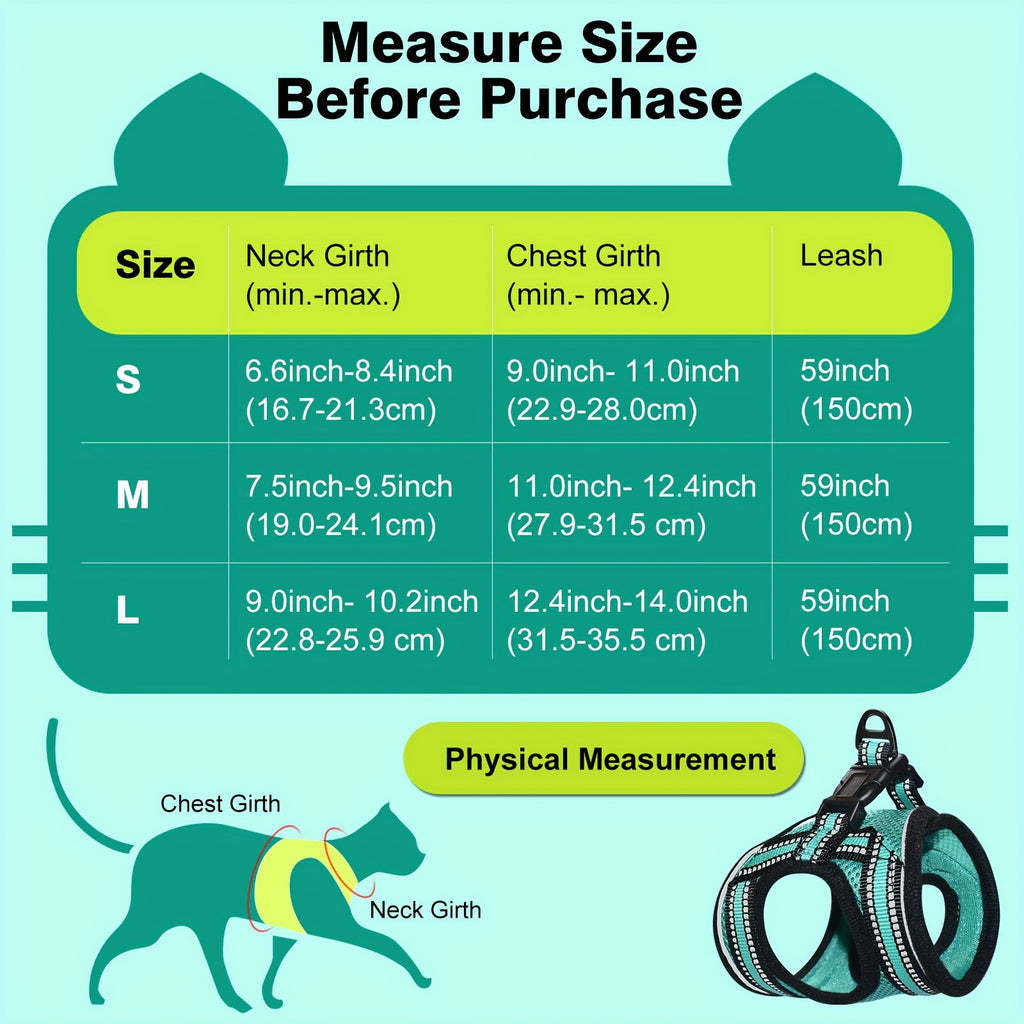 Cat Harness and Leash Set with Reflective Strip, Adjustable Soft Vest for Supervised Kitten and Cat Walks, S or M in Five Color Options