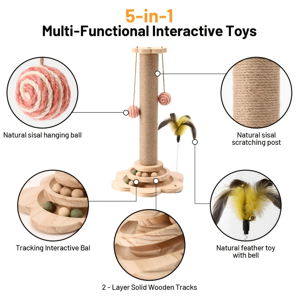 4-in-1 Cat Scratching Post with Ball Tracks, Hanging Toys and Feather Teaser for Indoor Cats, Small to Large and Replacement Column Options