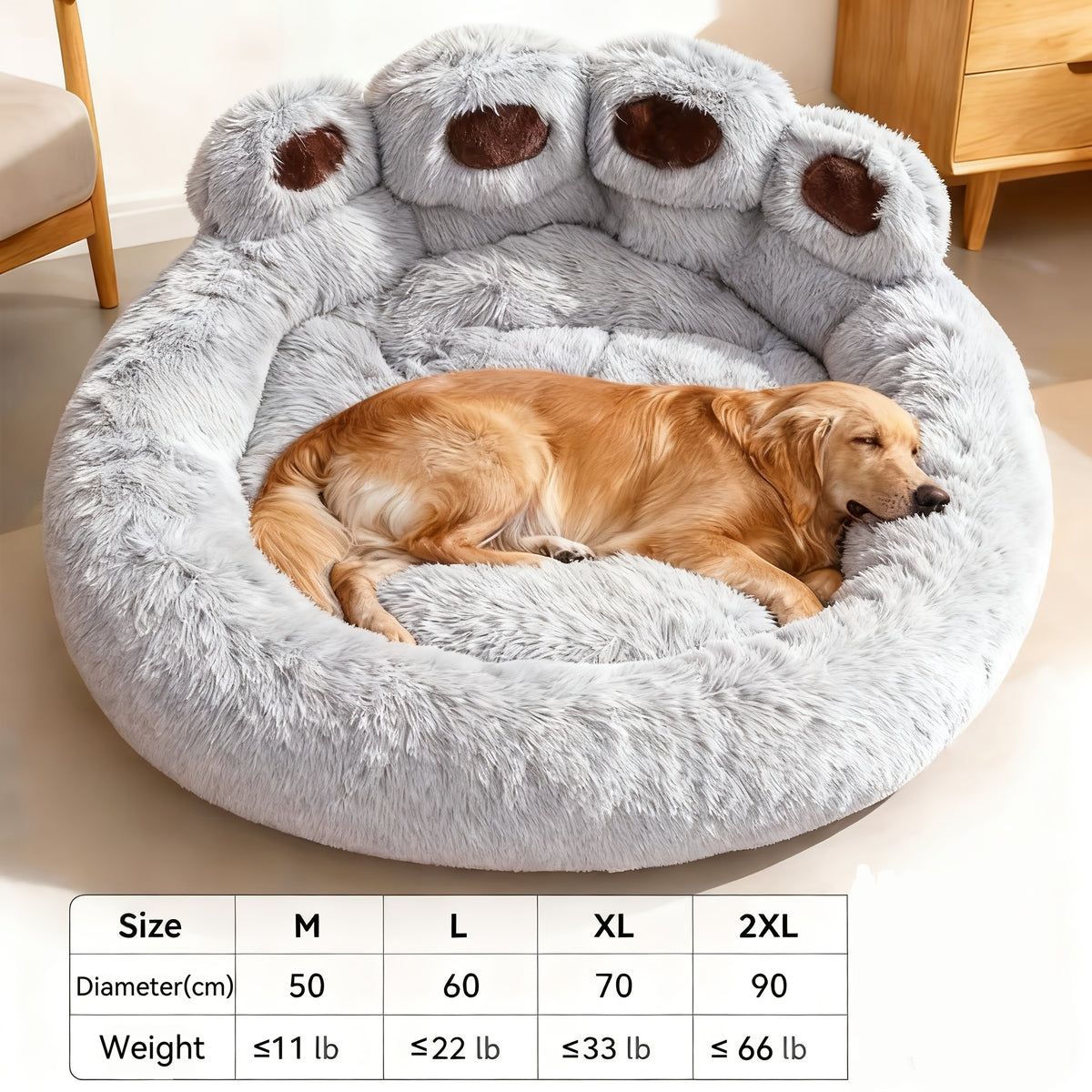 Plush Dog Bed with Bear Paw Shape, Soft Faux Fur Cat Sleeping Cushion with Non-Slip Bottom, Coffee Pink or Gray for Pets up to 30 lbs