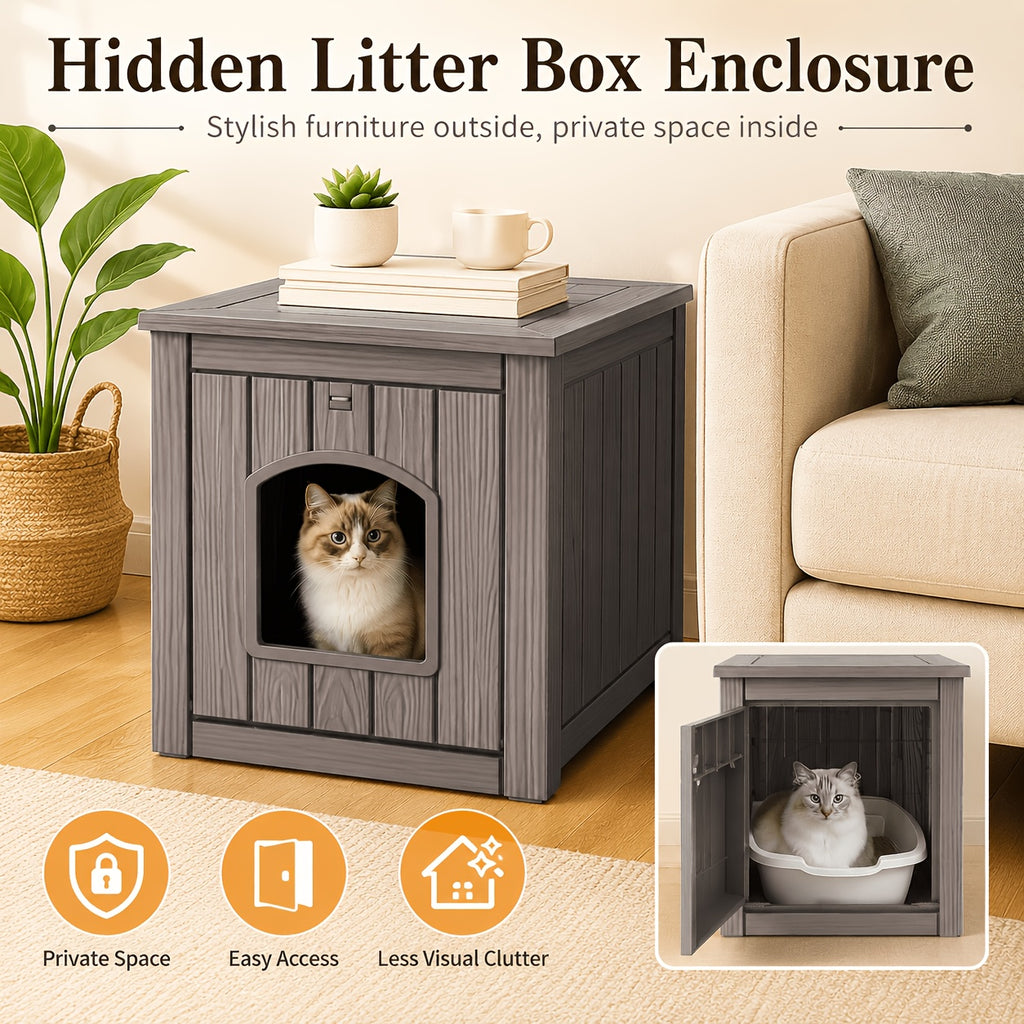 Cat Litter Cabinet End Table with Arched Entry, Hidden Litter Box Enclosure with Opening Front Panel for Indoor Homes in Light Brown or Black