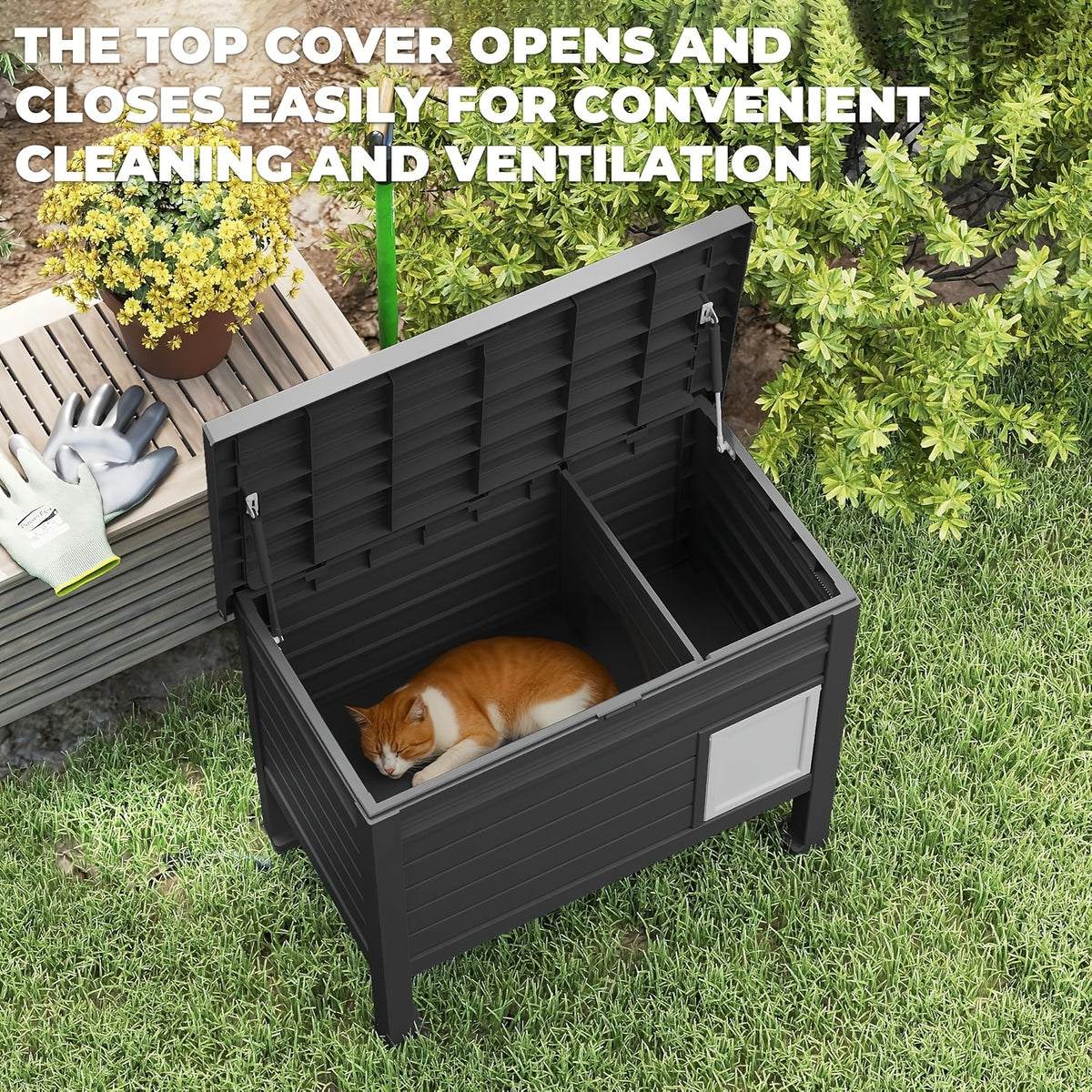 Cat House with Openable Doors, Black Resin Indoor and Sheltered Outdoor Cat Shelter, Easy-Clean Resting Space, 31.02 x 19.09 x 26.73 Inches