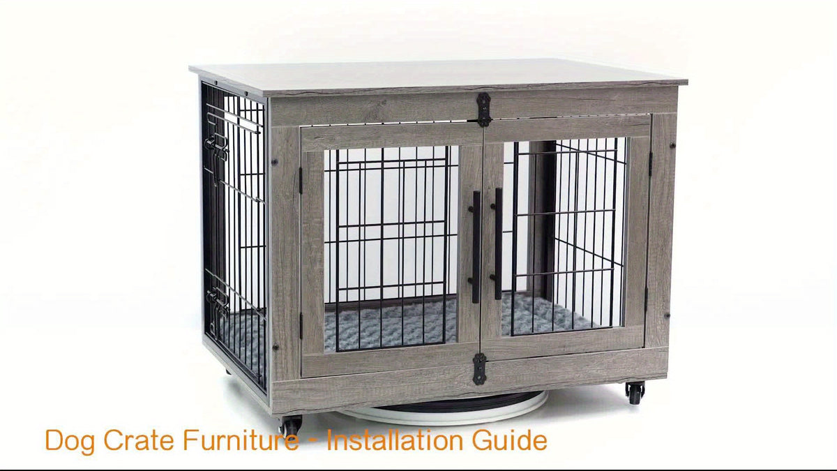 Wooden Dog Crate Furniture with Cushion Mat, 4 Sizes, Metal Bar Kennel End Table with Secure Lock, Reversible Side Door, Wheels or Anti-Slip Feet, Gray or Brown for S to XL Dogs