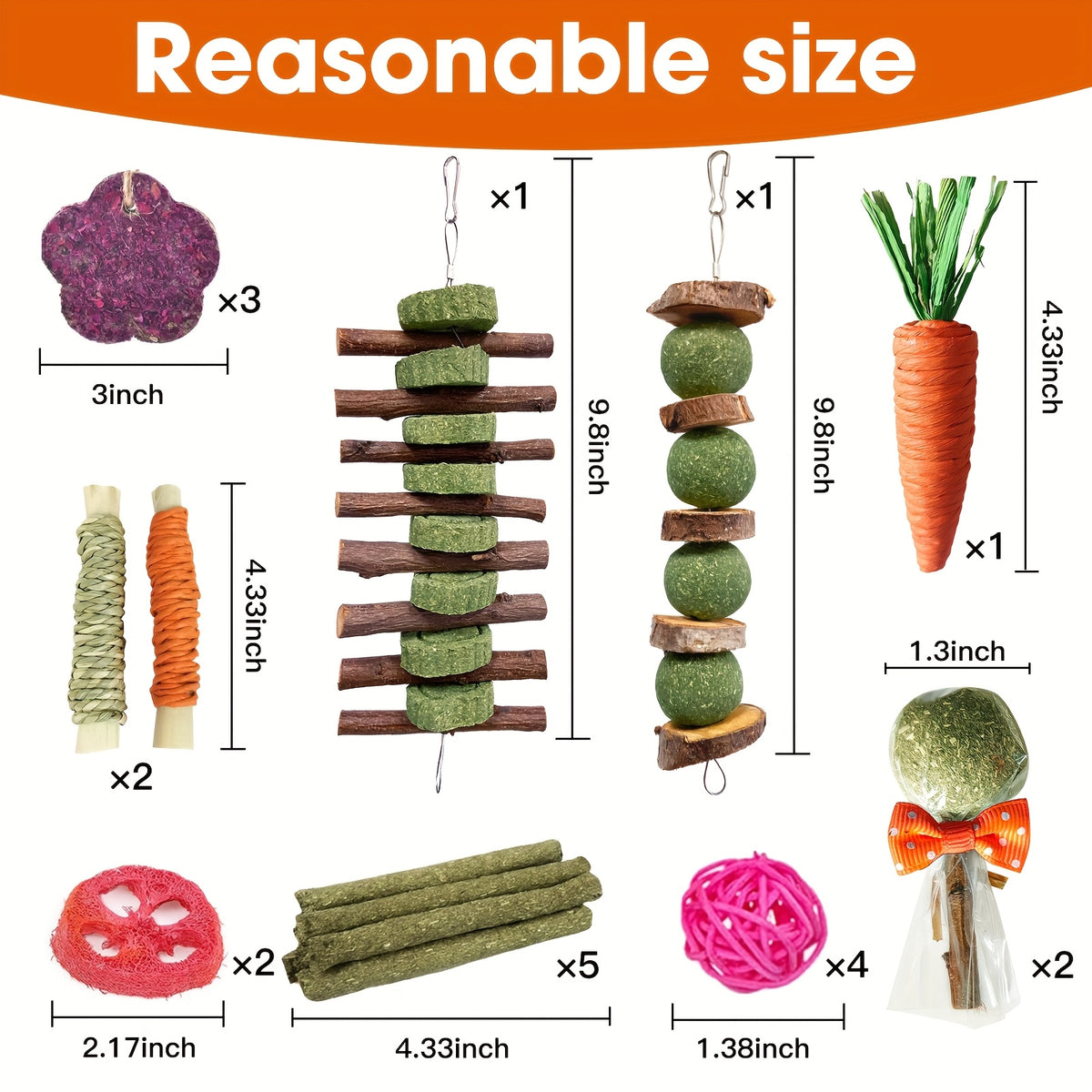 Rabbit Chew Toy Variety Set, 21 Pieces with Timothy Hay Lollipops, Grass Cakes, Hay Sticks, Carrot Shapes and Loofah Balls for Small Pet Enrichment