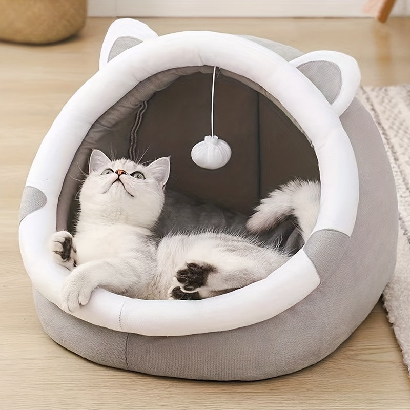 Hooded Cat Cave Bed with Hanging Pom-Pom Toy, Gray Cat-Ear Indoor Sleeping House in Medium Size for Kittens and Cats to Curl Up and Rest