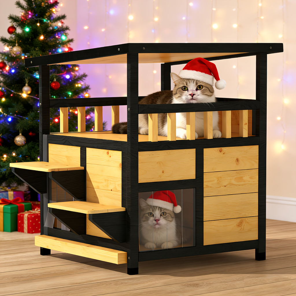 Two-Story Wooden Cat House in Yellow and Black, Indoor Pet Shelter and Apartment for Everyday Rest, Listed for Small and Medium Pets