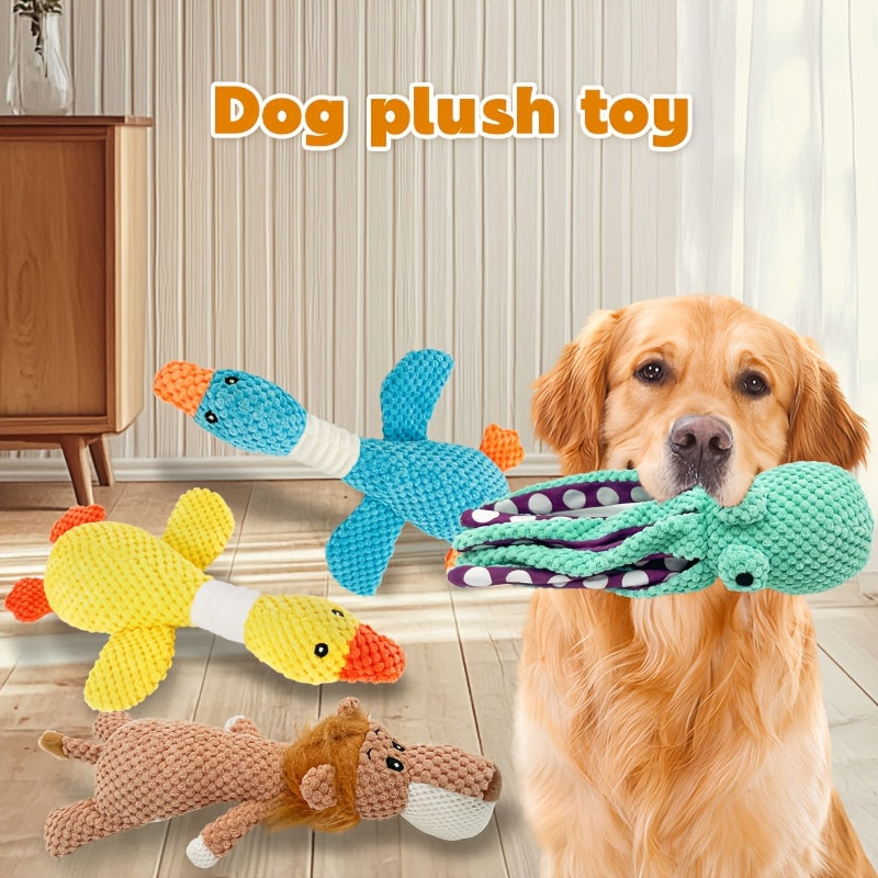 Random Animal Plush Dog Toy, One Squeaky Textured Companion for Supervised Gentle Play, Assorted Octopus, Goose, Wolf, Lion or Elephant Style