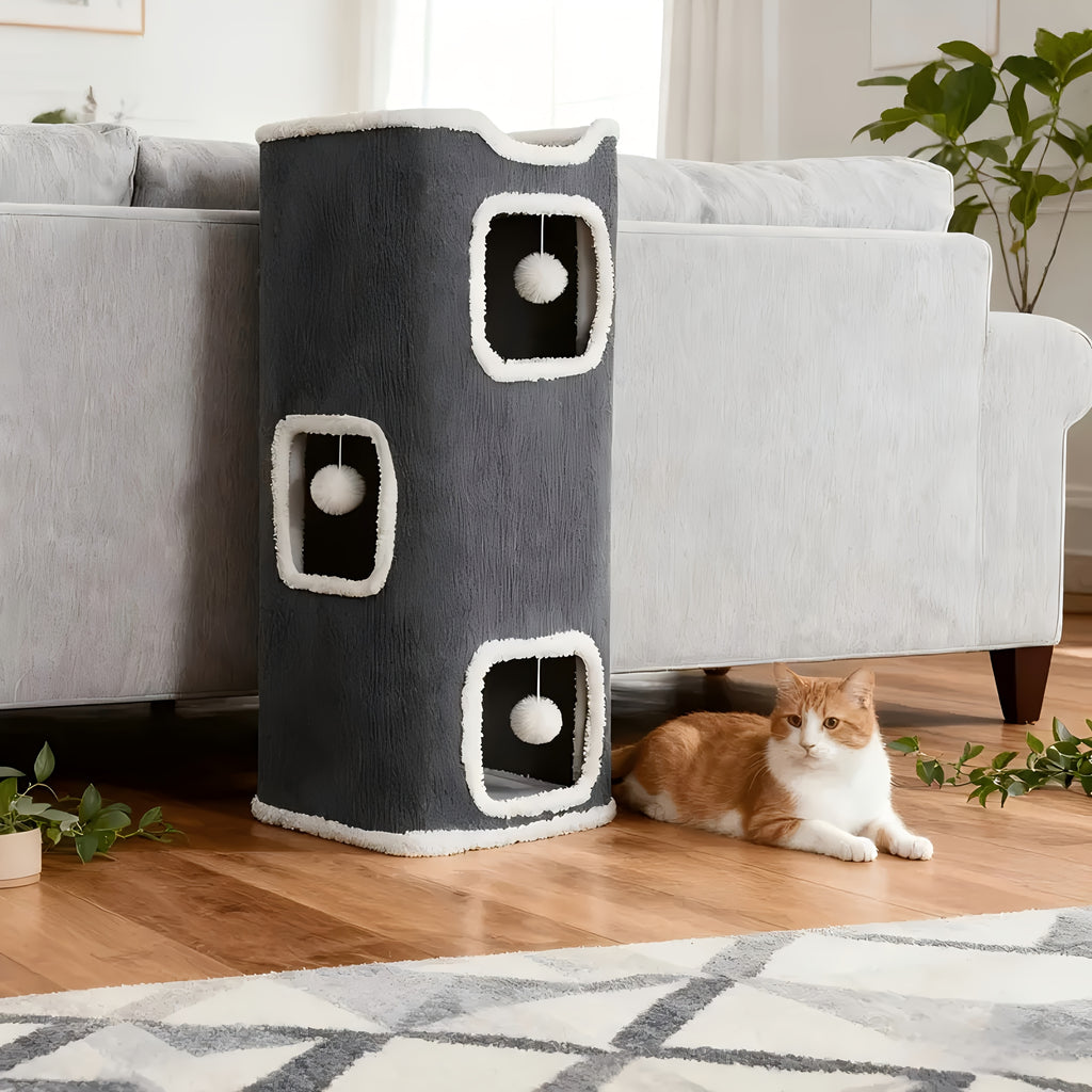 Cat Condo Tower with Foldable Design, Gray Indoor Cat Hideaway with Top Lounge, Detachable Panels and Scratching Surface, DC 13IN or 23IN-M Options