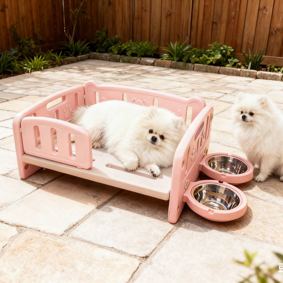 Elevated Dog Bed with Feeding Bowls, Plush Mat and Front Entry, Pink or Blue Pet Sofa with Paw-Print Side Panels for Small to Medium Dogs