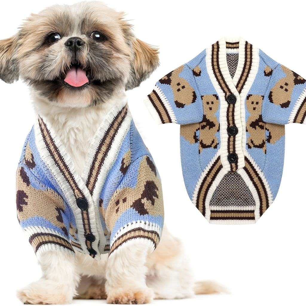 Knitted Dog Cardigan Sweater in Red, Multicolor or Light Blue, XS-XL Winter Pet Clothing for Puppy Outfits, Cool Weather Walks and Family Photos