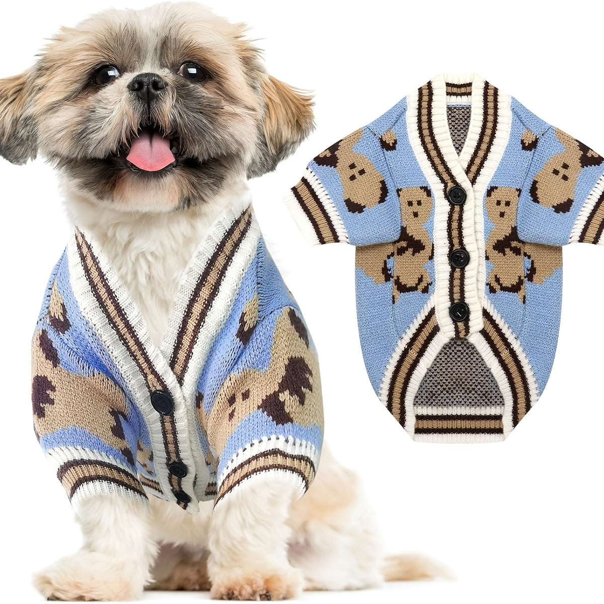 Knitted Dog Cardigan Sweater in Red, Multicolor or Light Blue, XS-XL Winter Pet Clothing for Puppy Outfits, Cool Weather Walks and Family Photos
