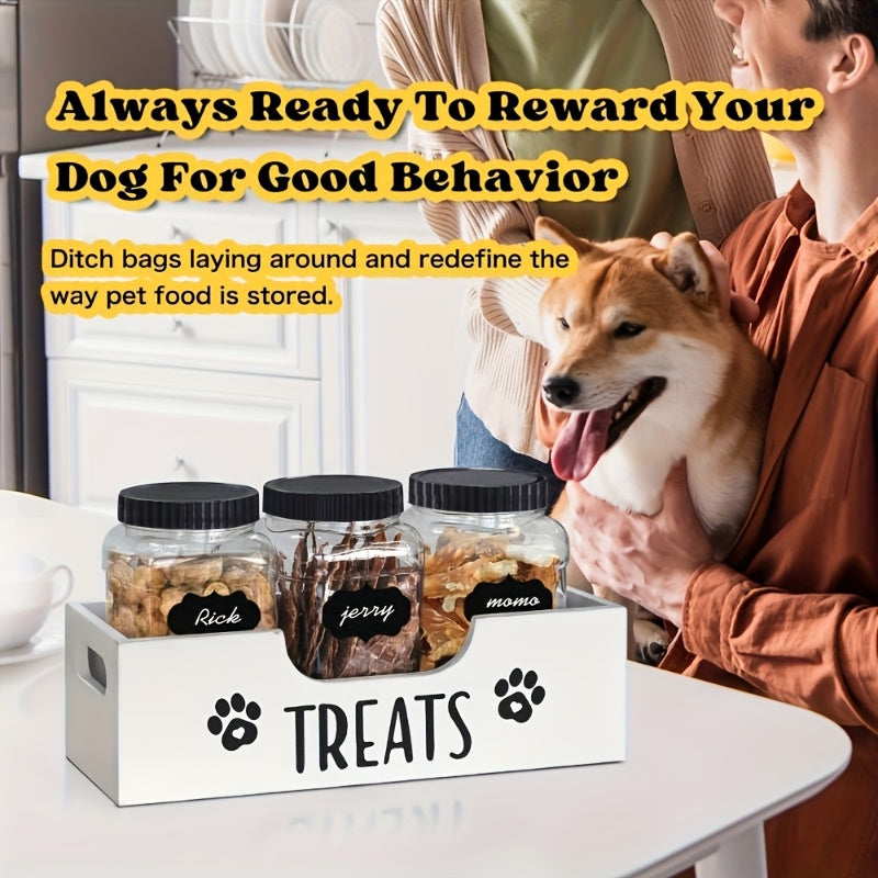 Pet Treat Jar Organizer with Paw Print Pattern, Farmhouse Countertop Holder for 3 Jars, Faux Wood Look in Black or White for Dog Owners