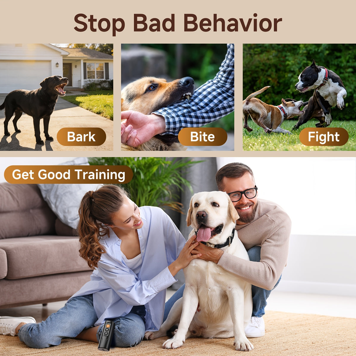 Ultrasonic Dog Deterrent with USB-C Charging, Compact Handheld Bark Training Device with LED Lights and Sound Mode for Supervised Home and Walk Use