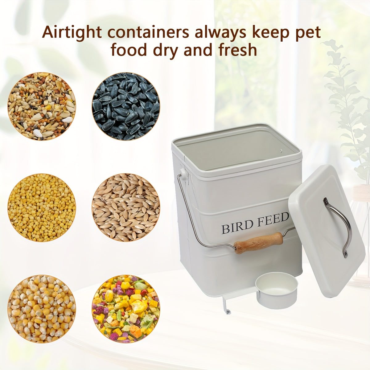 Bird Seed Storage Tin with Lid, Metal Bird Food Container in White or Black, Vintage Farmhouse Style Bucket for Organized Feeding Supplies at Home