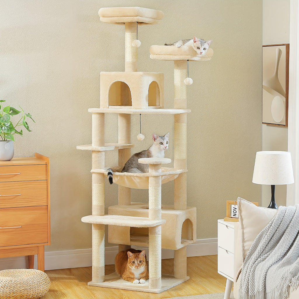 Cat Tree with Eight Levels, 72 Inch Indoor Cat Tower with Spacious Condo, Sisal Scratching Posts, Padded Perches and Basket for Rest and Play