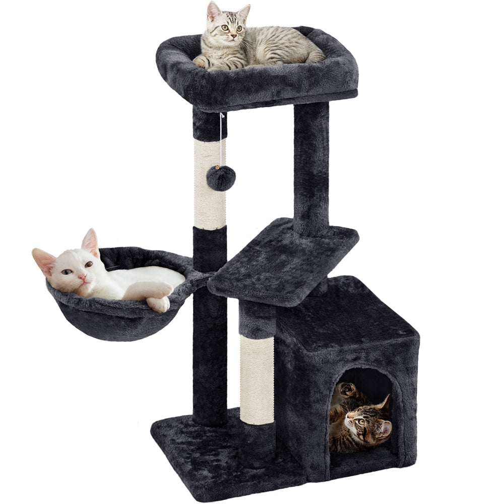 Cat Tree 34.5 Inch with Condo and Basket, Plush Indoor Cat Tower with Nest, Platform, Three Sisal Scratching Posts and Scratching Board in Five Colors