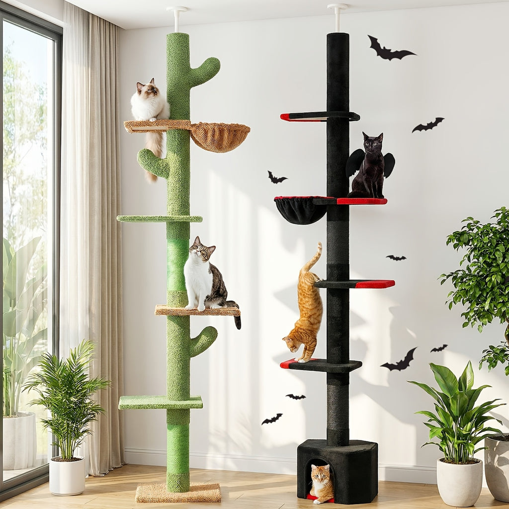 Floor to Ceiling Cat Tree, 90–107 Inch Adjustable 4-Tier Indoor Cat Tower with Tension Rod and Soft Carpet-Style Platforms for Climbing and Rest
