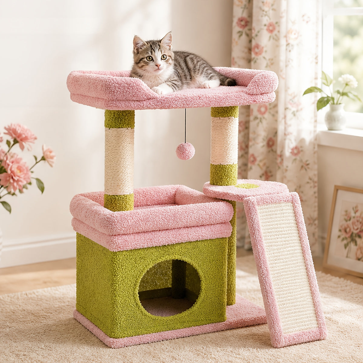 Cat Tree with Wide Perch and Condo, Modern Wood Cat Tower with Sisal Scratching Posts and Pad for Large Adult Indoor Cats and Compact Living Spaces
