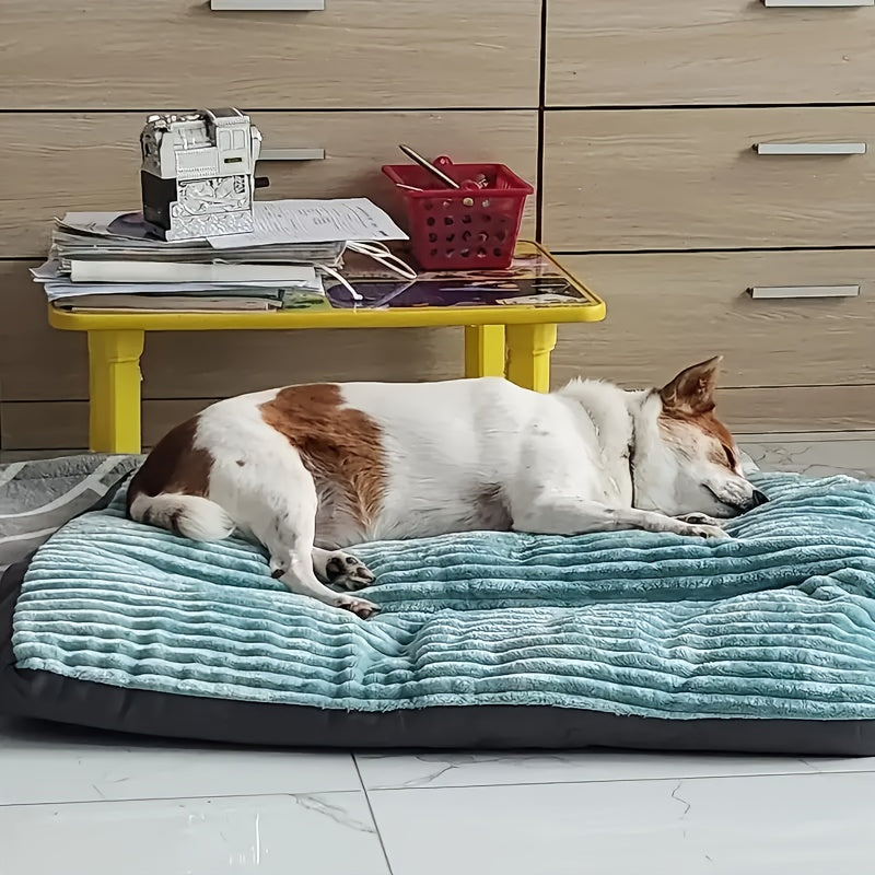 Striped Dog Bed Mat in Green, 23.62 x 18.5 Inch Soft Rectangular Pet Cushion with Polyester Fill for Small Dogs and Cats, Everyday Indoor Rest