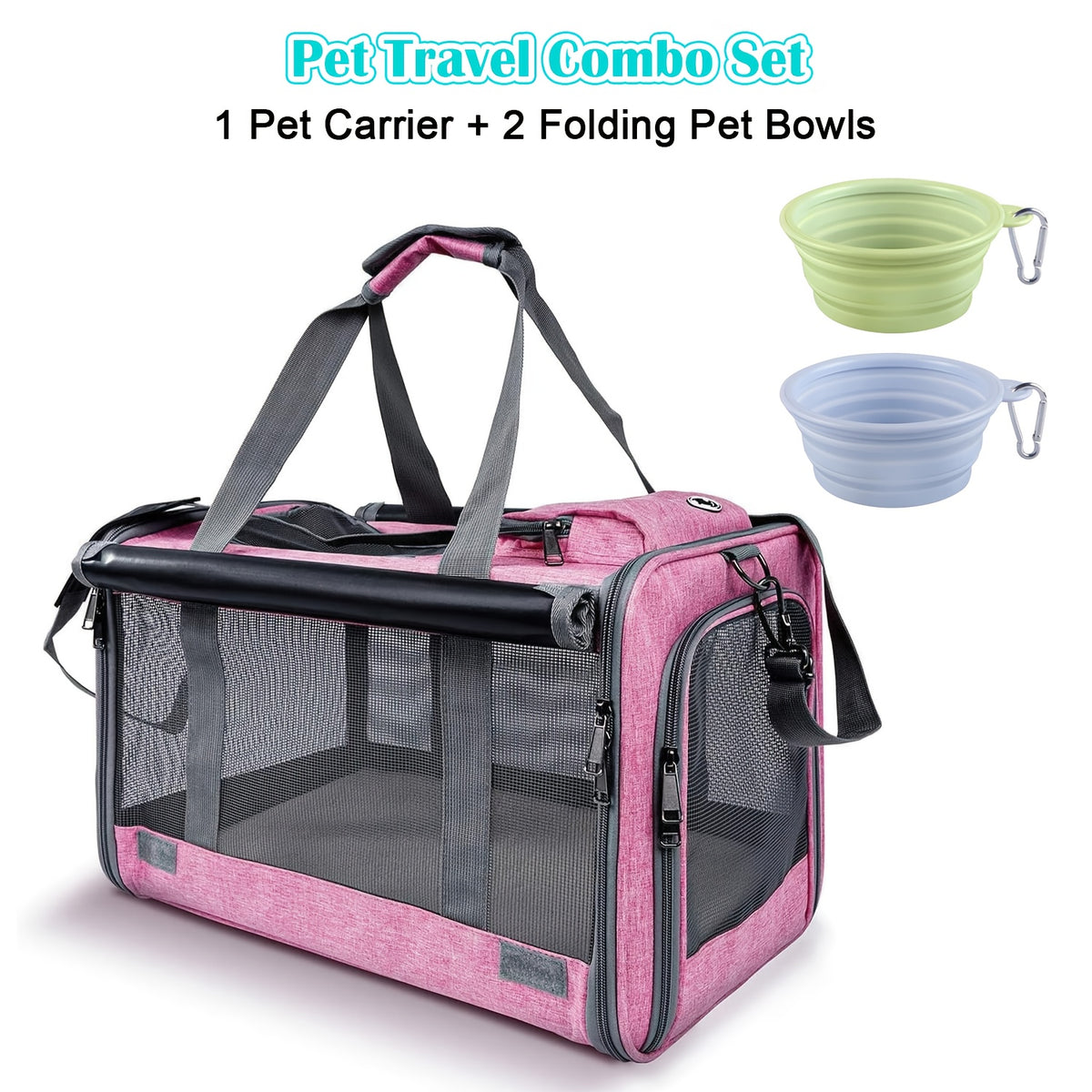 Cat Carrier Travel Set for Cats and Small Dogs, Soft-Sided Breathable Collapsible Pet Bag with Bowl, Collar or Pet Glove Bundle Options
