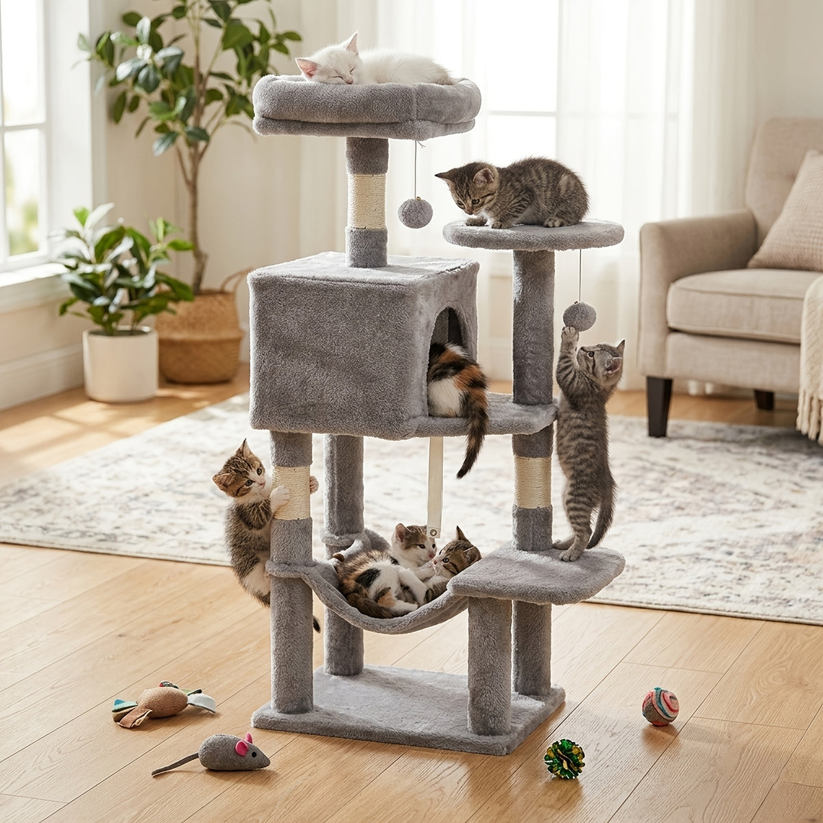 Cat Tree with Seven Color Choices, 44 Inch Indoor Cat Tower with Hammock, Condo Hideaway, Elevated Perches and Sisal Scratching Posts