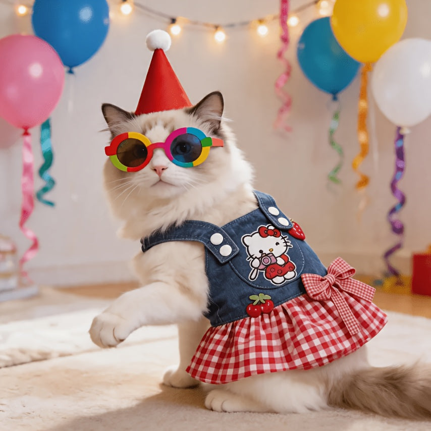Denim Plaid Dog Dress for Small Dogs and Cats, Red Checkered Bow and Strawberry Appliques, Pleated Pet Party Outfit in XS to XL
