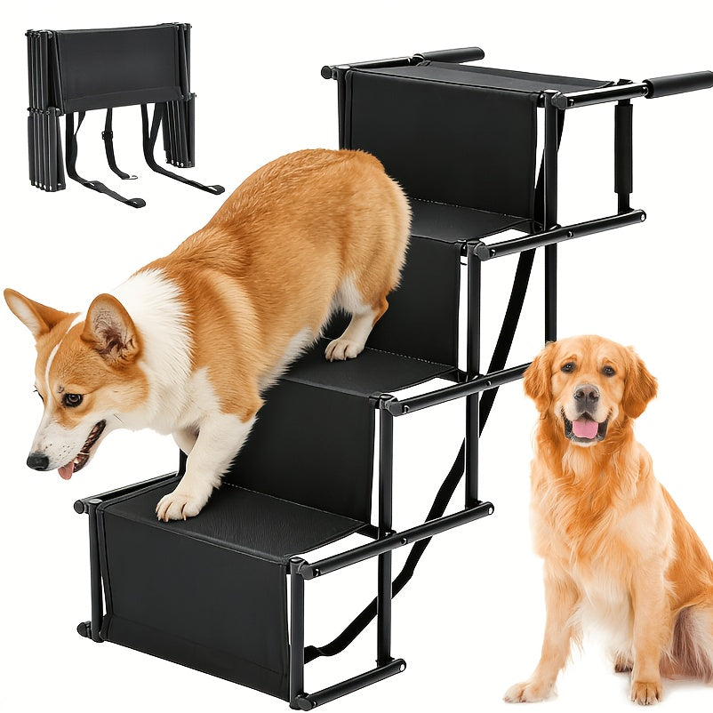 Folding Dog Car Stairs with Non-Slip Steps, Collapsible Pet Access Ladder with Attachment Strap for Cars, SUVs and Trucks, Black Upgrade Model