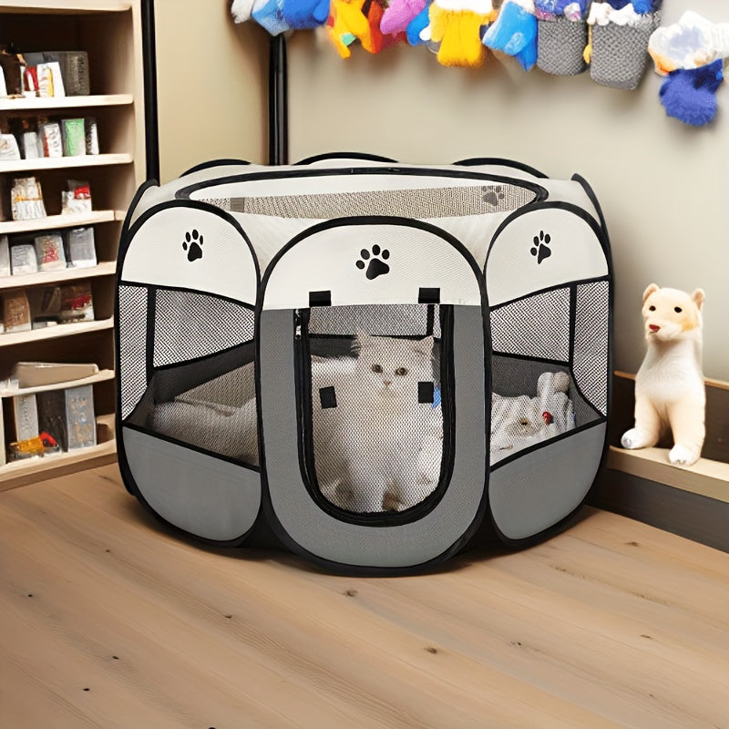 Foldable Puppy Playpen for Dogs and Cats, Octagonal Oxford Cloth Pet Tent in Blue or Off White for Supervised Indoor Rest and Outdoor Camping