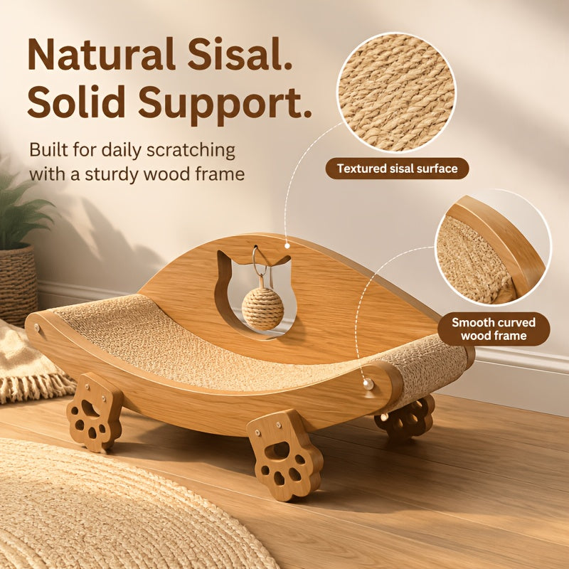 Sisal Cat Scratcher Bed with Solid Wood Frame, Curved Indoor Cat Lounge Chair and Scratching Pad with Hanging Toy for Rest and Play
