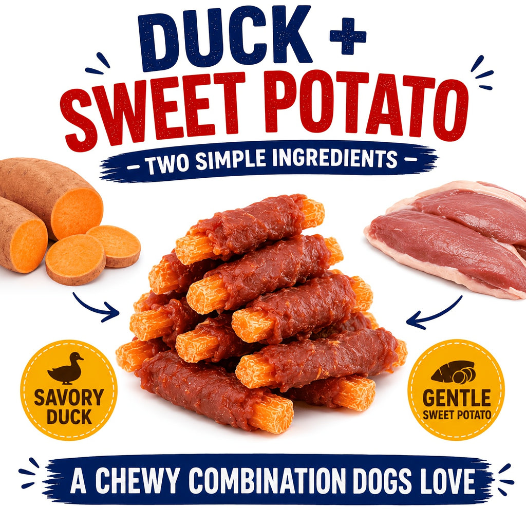 Duck Wrapped Sweet Potato Dog Treats, Chewy Snack Sticks in 220g or 450g Packs for Supervised Training Rewards and Everyday Dog Treat Time