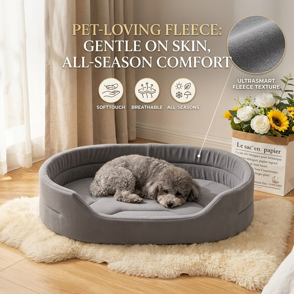 Washable Bolster Dog Bed with Bone Stitching, Soft Raised-Side Pet Nest for Dogs and Cats in Grey or Green with Five Size Options for Indoor Rest
